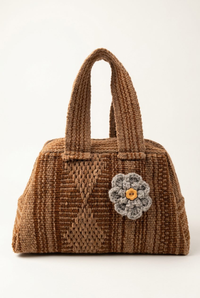 Cartera de mano de lana de oveja en tonos marrón con flor gris