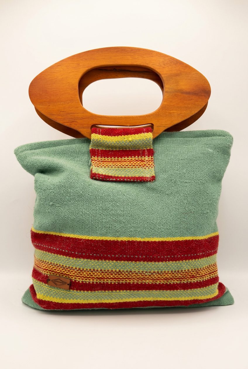 Cartera de lana de oveja verde pastel con franjas rojas y asas de madera
