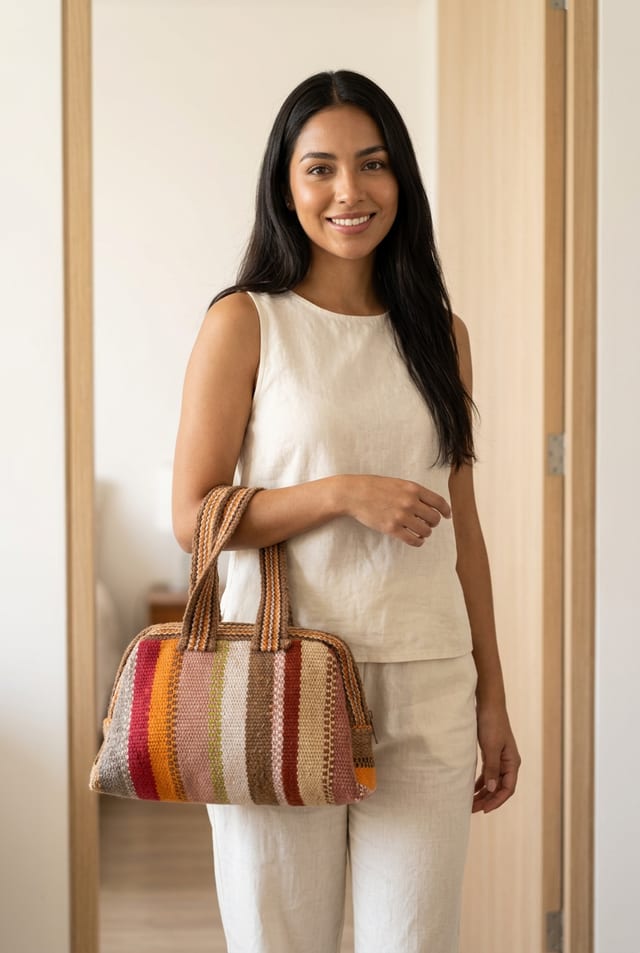 Cartera de mano de lana de oveja con líneas verticales multicolor