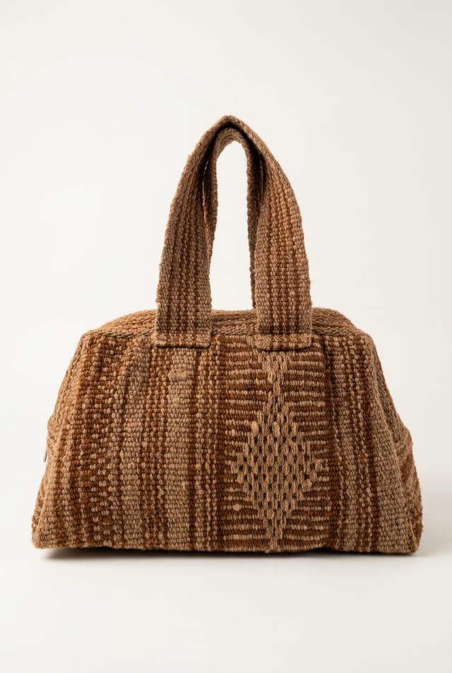 Cartera de mano de lana de oveja en tonos marrón con flor gris