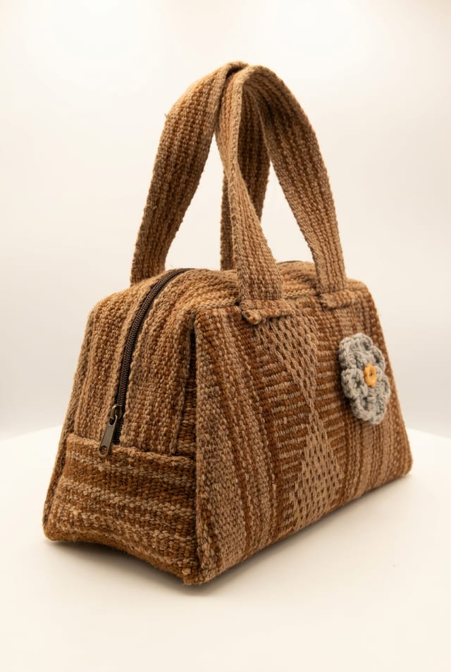 Cartera de mano de lana de oveja en tonos marrón con flor gris