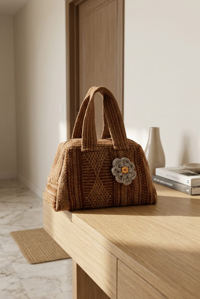 Cartera de mano de lana de oveja en tonos marrón con flor gris