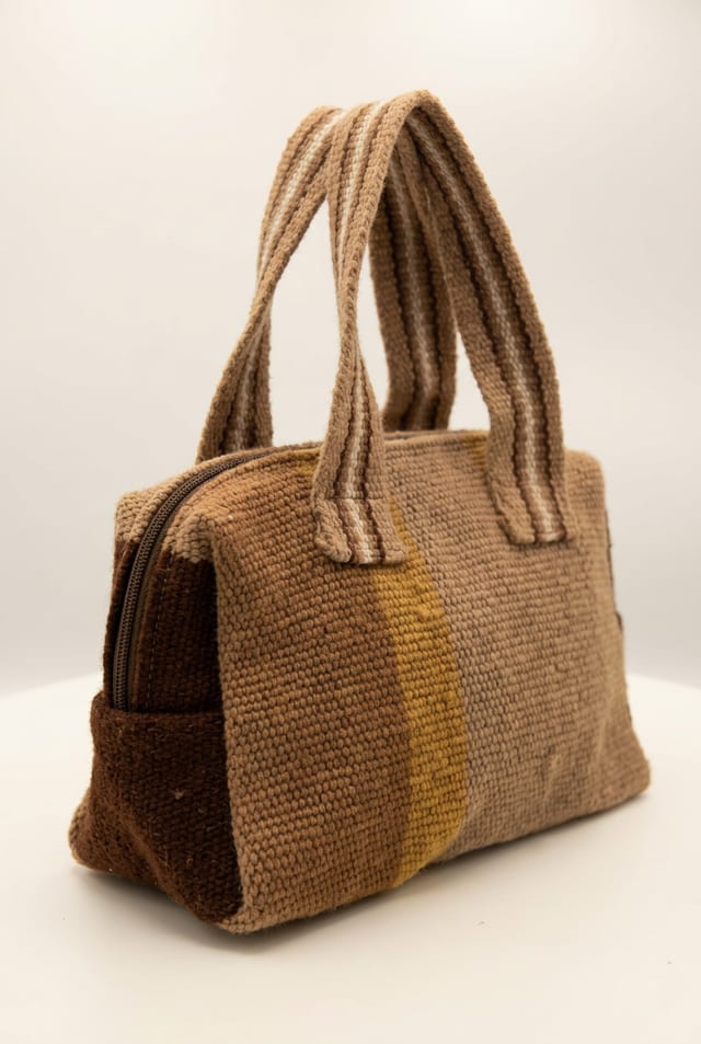 Cartera de mano de lana en tonos marrón, mostaza y beige