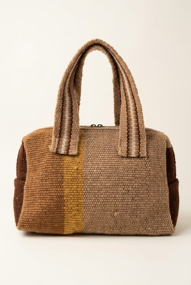 Cartera de mano de lana en tonos marrón, mostaza y beige