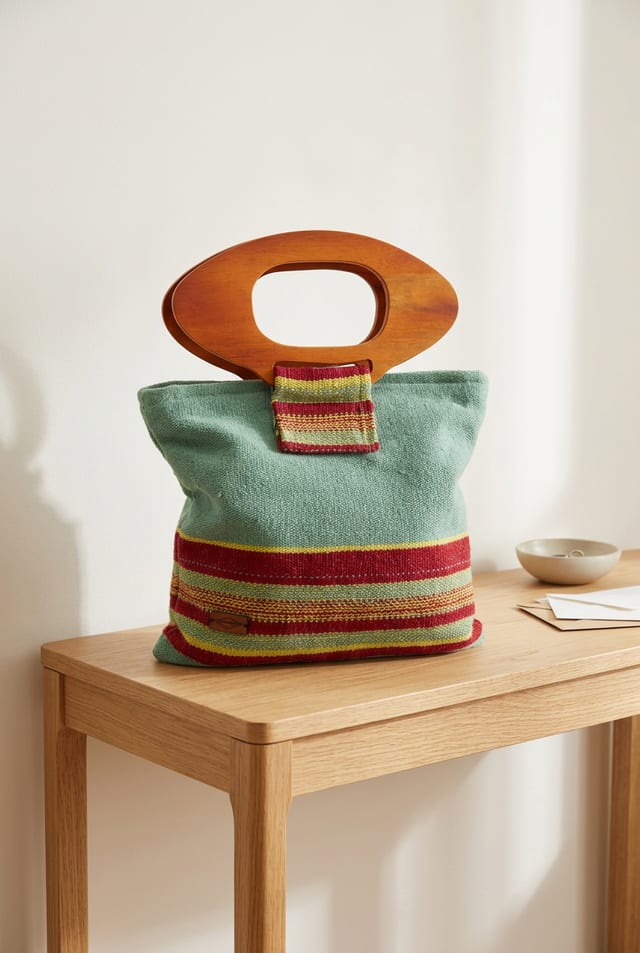 Cartera de lana de oveja verde pastel con franjas rojas y asas de madera