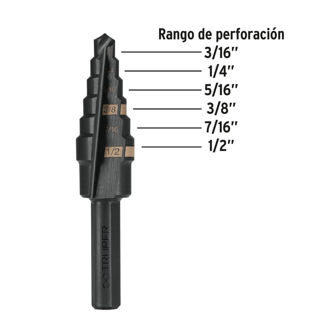 BROCA ESCALONADA 3/16 A 1/2 6 ESCALONES TRUPER 12120