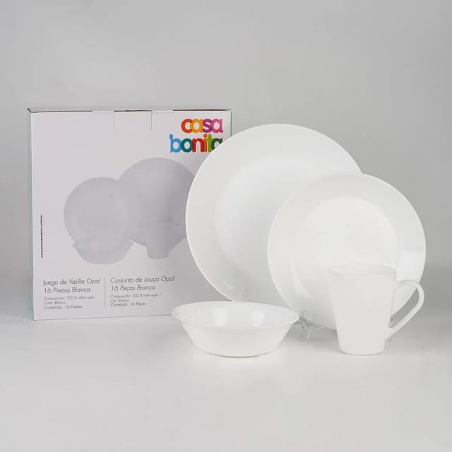 JUEGO VAJILLAS 16 PZS OPAL BLANCO CASA BONITA