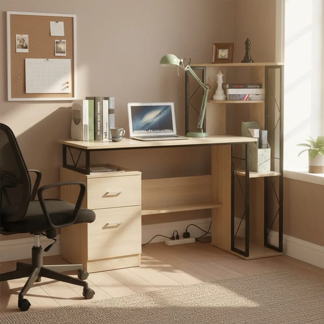 ESCRITORIO MELAMINE METAL ROBLE PORTO 130 CM 124 CM ALTURA REPISA